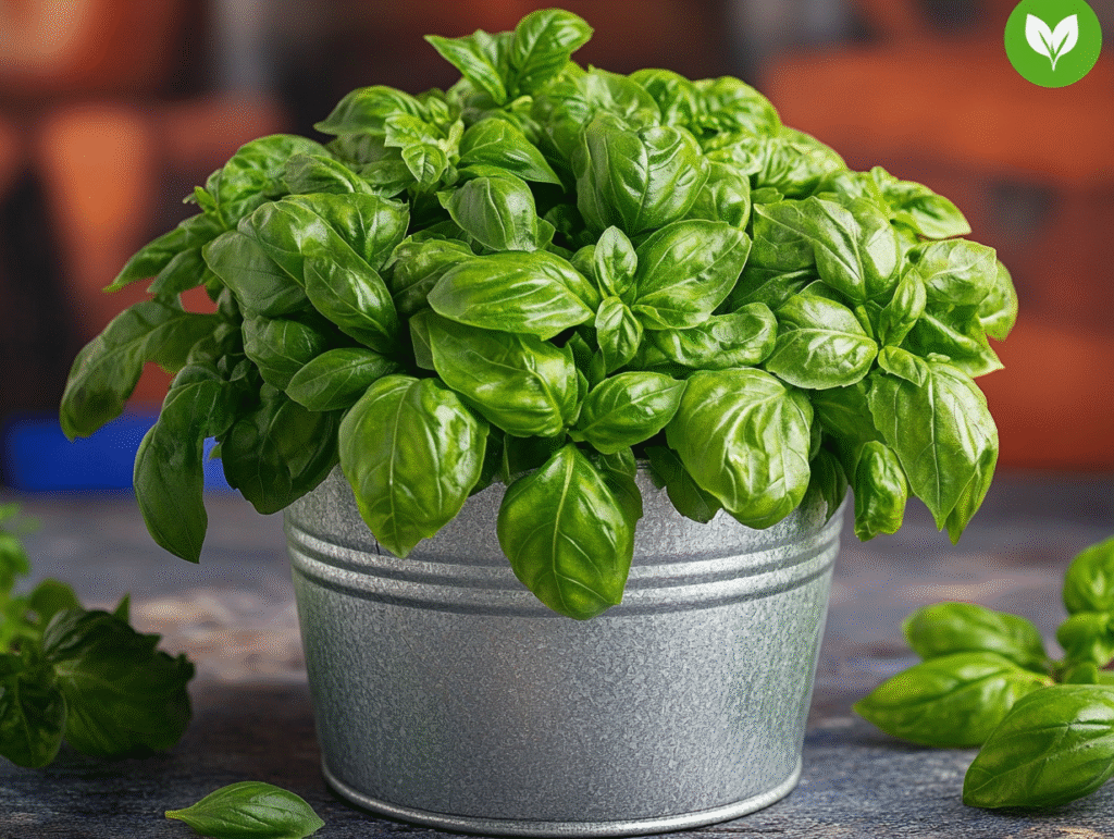 5 gallon tin bucket with Bushy Green Basil.