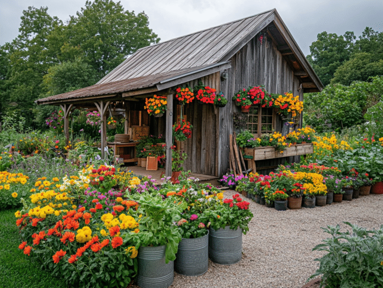 Homestead assorted vegtable Garden five gallon buckets with garden work shed