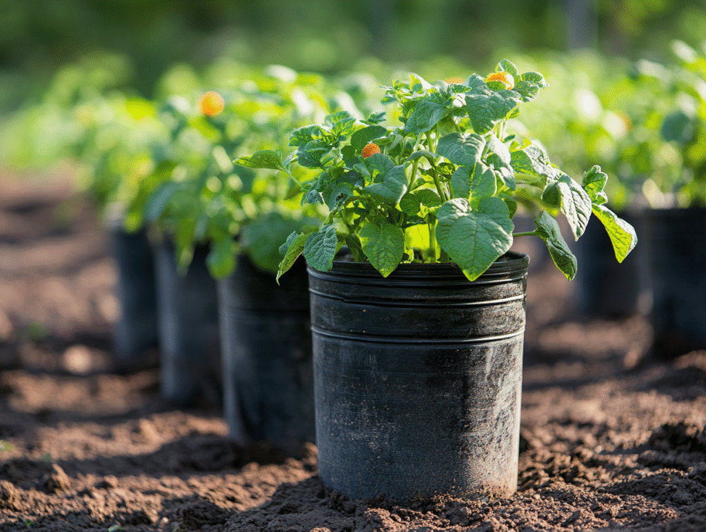 Potato Plants growing in a five gallon buckets