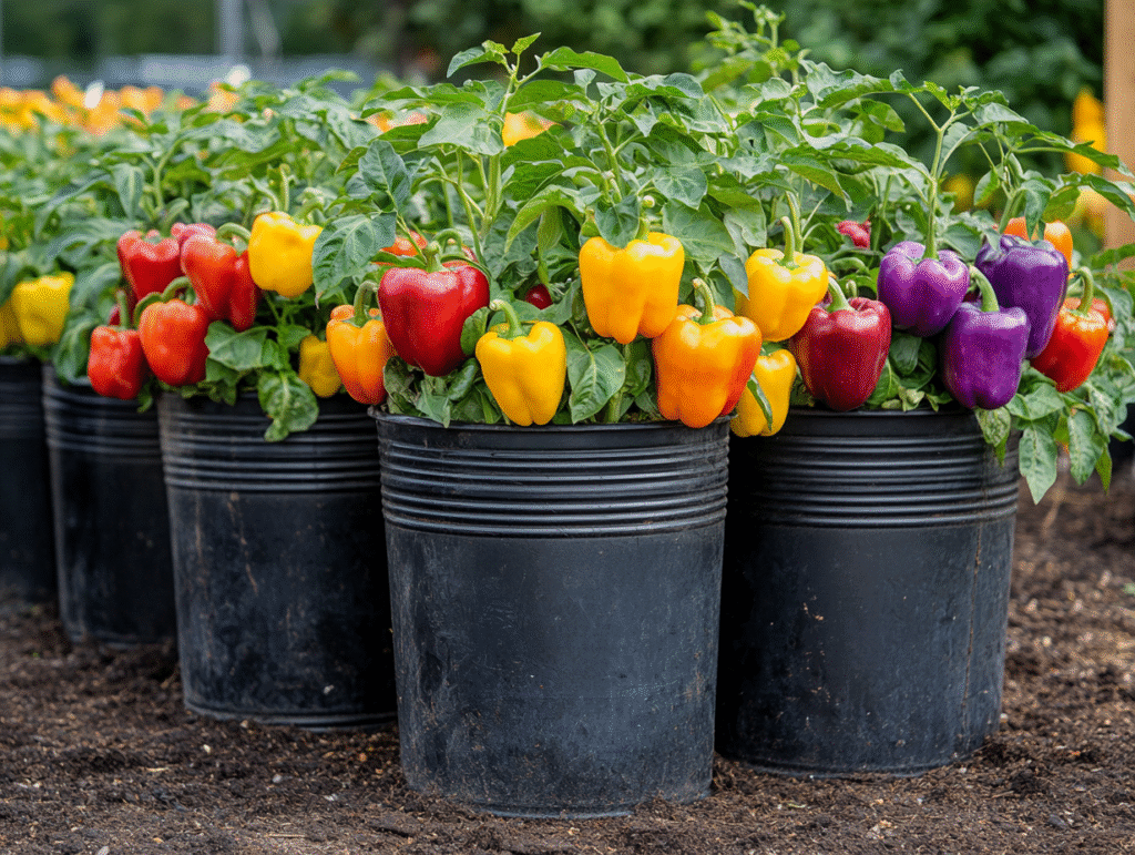  garden bell peppers growing in a five gallon bucket